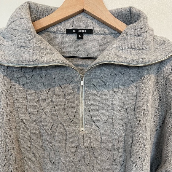 Kal Rieman Sandra Wide Collared Quarter Zip Pullover Cable Knit Sweater, Gray, L - Picture 7 of 16